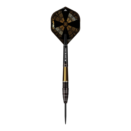 Mission Crypt Model 1 Steeldarts - 22g Das Bild zeigt einen Mission Crypt Model 1 Steeldart mit einem Gewicht von 22g. Der Dart ist schwarz-gold gefärbt und hat ein geometrisches Design auf dem Flight.