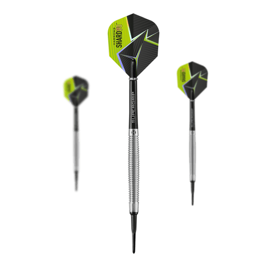 Fléchettes souples Harrows Shard Das Bild zeigt drei Harrows Shard Softdarts mit silbernen Schäften und schwarzen Flights. Die Flights haben ein modernes Design mit gelben und grünen Akzenten.