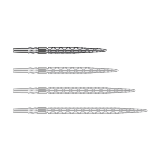 Puntas de dardos Target Swiss Diamond Pro Silver Points Das Bild zeigt vier silberne Dartspitzen mit einem rautenförmigen Muster. Sie sind nebeneinander auf weißem Hintergrund angeordnet.