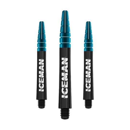 Das Bild zeigt drei schwarze Red Dragon Nitrotech Gerwyn Price Dartshafts mit blauem oberen Ende. Auf jedem Shaft steht das Wort "ICEMAN" in großen, weißen Buchstaben.