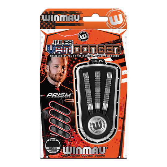 Dardos blandos Winmau Jules Van Dongen - 20g Das Bild zeigt eine Verpackung der "Winmau Jules Van Dongen Softdarts - 20g". In der Packung befinden sich drei Softdarts mit 90% Tungsten.