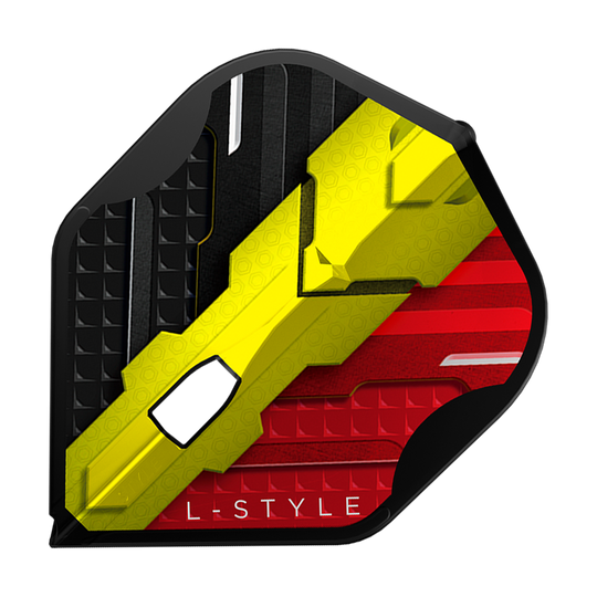 L-Style V-Series V1 Type C Belgium Black L1PRO Flights Das Bild zeigt ein L-Style V-Series V1 Type C Belgium Black L1PRO Flight. Das Flight ist in den Farben Schwarz, Gelb und Rot gestaltet, ähnlich der belgischen Flagge.