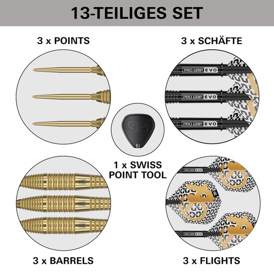 Das Bild zeigt die Target Bolide Envy 05 Swiss Point Steeldarts. Die Darts liegen deutlich sichtbar auf einem dunklen Hintergrund.