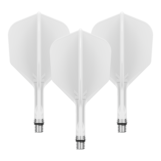 Letky Target K-Shift č. 6 - bílé Zu sehen ist ein Flight-Set namens 410540_Target_KShift_No6_Flights_Wei_19mm_1Set. Mehrere weiße Flights sind gemeinsam präsentiert.