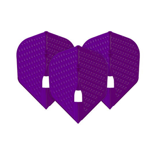Das Bild zeigt drei lila Dart-Flights in einem speziellen Shape-Design mit kleinen Dellen. Es handelt sich um das Produkt "L-Style Flights Dimple Champagne L3PRO Shape".