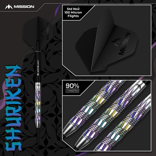 Dardos de acero Shuriken de Mission Das Bild zeigt die Mission Shuriken Steeldarts. Diese Darts sind speziell für das Steeldart-Spiel entwickelt.