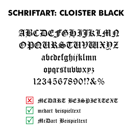 Flightdruck_Schriftart_Cloister_Blackl3d9bpUNQXPwy Das Bild zeigt das Alphabet, Zahlen und Sonderzeichen in der Schriftart "Cloister Black". Unten werden korrekte und falsche Schreibweisen mit Häkchen und Kreuz dargestellt.