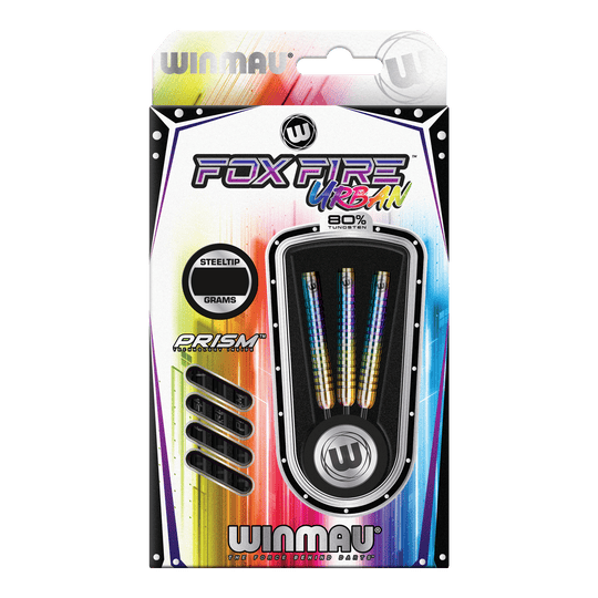 Ocelové šipky Winmau Foxfire Urban Das Bild zeigt die Verpackung der "Winmau Foxfire Urban Steeldarts". Die Darts haben ein buntes Design und bestehen zu 80 % aus Wolfram.
