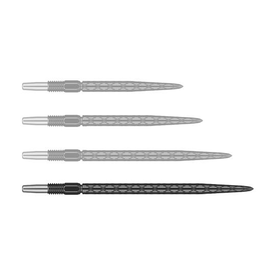 Pointes de fléchettes Target Swiss Diamond Pro Black Points Auf dem Bild sind vier schwarze Dartspitzen mit einem diamantförmigen Muster zu sehen. Sie sind in einer waagerechten Reihe angeordnet.