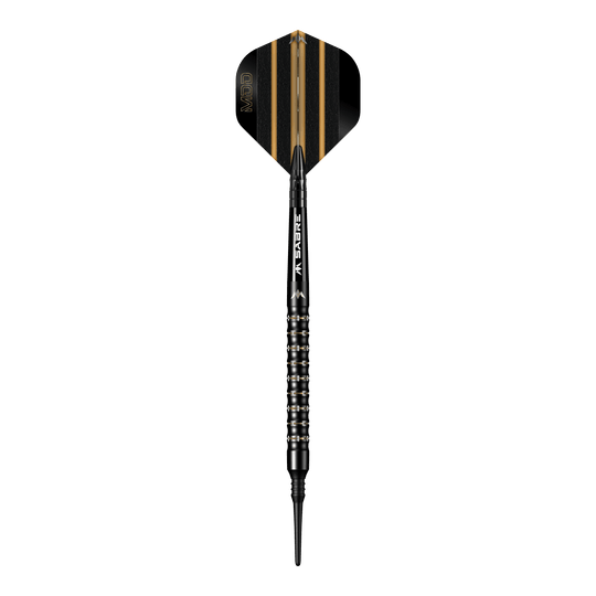 Das Bild zeigt einen Softdartpfeil namens "Mission Mike De Decker MDD Black Gold Softdarts - 20g". Der Pfeil ist schwarz mit goldenen Akzenten und hat eine schmale Spitze.
