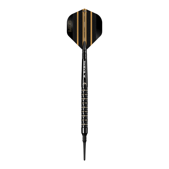 Mission Mike De Decker MDD Black Gold Soft Darts - 20g Das Bild zeigt einen Softdartpfeil namens "Mission Mike De Decker MDD Black Gold Softdarts - 20g". Der Pfeil ist schwarz mit goldenen Akzenten und hat eine schmale Spitze.