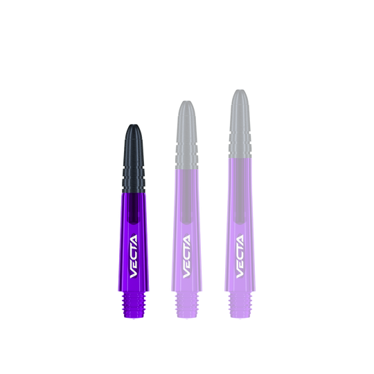 Winmau Vecta Shafts - Viola Nero Das Bild zeigt drei lilafarbene Dartschäfte mit schwarzen Spitzen. Auf jedem Schaft steht das Wort "VECTA" in weißer Schrift.