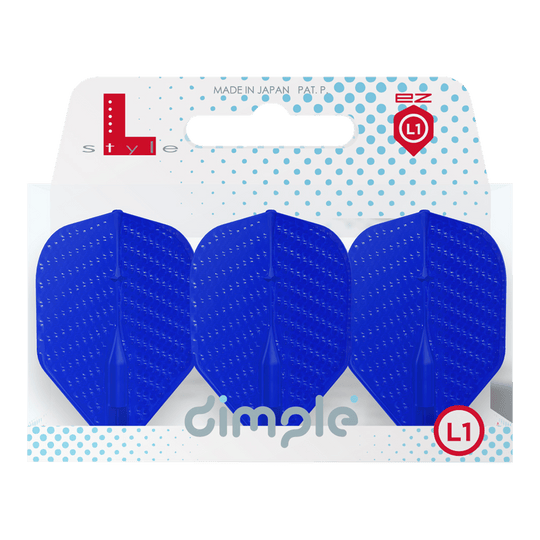 L-Style Flights Dimple Champagne L1EZ Standard Auf dem Bild sind drei blaue Dart-Flights in einer Verpackung zu sehen. Die Verpackung trägt die Aufschrift "dimple" und das Logo "L-style".