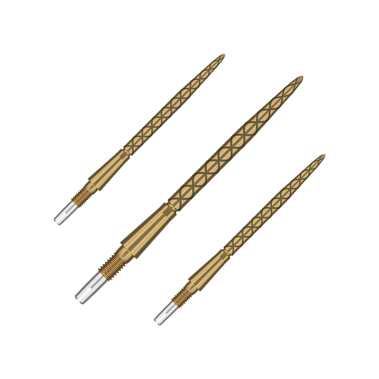 Target Swiss Storm Diamond Point Dartspitzen - Gold Das Bild zeigt drei goldene Dartspitzen mit einem rautenförmigen Muster. Sie sind länglich und haben eine silberne Spitze zum Werfen.