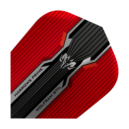 HR7514_Harrows_Prime_Wolfram_Infinity_No2_Standard_Flights_1 Das Bild zeigt ein Dartflight mit dem Namen „Harrows Prime Wolfram Infinity No2 Standard Flights“. Das Design ist rot und schwarz mit silbernen Akzenten und Schriftzügen.