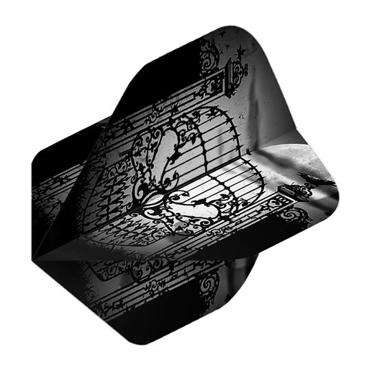 Alchemy Abandon All Hope No2 Standard Flights Das Bild zeigt einen Dartflight mit einem kunstvollen, schwarzen Tor-Design vor einem Vollmond. Die Farben sind hauptsächlich schwarz und grau gehalten, was dem Flight ein mystisches Aussehen verleiht.