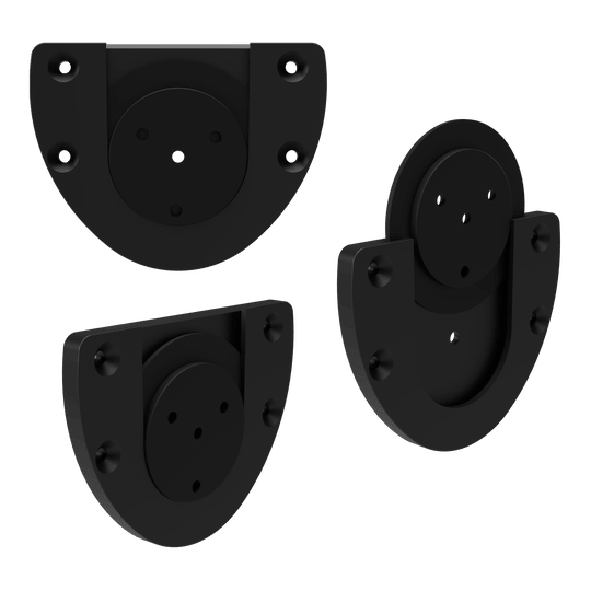 Bulls NL Dartboard Silencer Das Bild zeigt drei schwarze, halbkreisförmige Kunststoffteile mit Schraublöchern, die als Bulls NL Dartboard Silencer dienen. Sie werden verwendet, um das Geräusch beim Auftreffen der Darts auf das Board zu dämpfen.