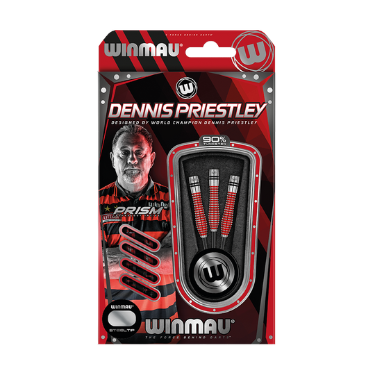1436_Winmau_Dennis_Priestley_Special_Edition_2019_Steeldarts_3 Die Abbildung zeigt die "Winmau Dennis Priestley Special Edition Steeldarts" im Originalverpackung. Auf der Verpackung ist ein Bild von Dennis Priestley und die enthaltenen Darts zu sehen.