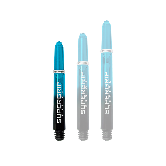 Das Bild zeigt drei Harrows Supergrip Fusion Shafts in der Farbe Aqua. Die Shafts haben einen blauen oberen Teil und einen schwarzen unteren Teil mit weißer Aufschrift.