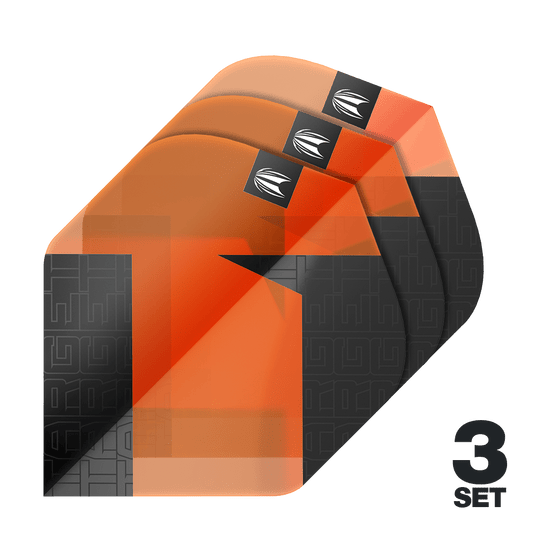 Standardní letky Target Pro Ultra TAG Orange No2 - 3 sady Das Bild zeigt drei orangefarbene Standard Flights für Darts mit schwarzem Muster. In der rechten unteren Ecke steht "3 SET".