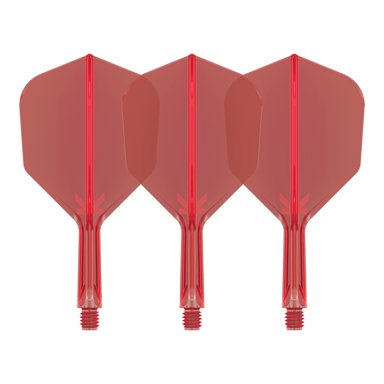Système de vol Target K-Flex No6 - Rouge Auf dem Bild sind drei rote Dart-Flights mit Shafts zu sehen. Sie sind identisch und stehen nebeneinander auf weißem Hintergrund.