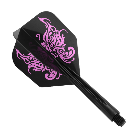 Condor_AXE_Tribal_Butterfly_Black_Small_1kIySlhxb0MD8O Das Bild zeigt einen schwarzen Dartflügel mit einem tribalartigen, rosa Schmetterlingsmuster. Das Produkt heißt "Condor AXE Tribal Butterfly Black Small".