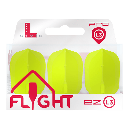 L-L-Style3EZ Flights Das Bild zeigt eine Packung mit drei neon-gelben Dart-Flights der Marke L-Style. Auf der Verpackung steht „FLIGHT ez L3 Pro“.