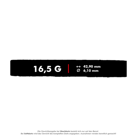 Dardos blandos McDart 85 Tungsten V16 - 16,5 g Das Bild zeigt die Eigenschaften des Produkts "McDart 85er Tungsten V16 Softdarts - 16,5g". Angegeben sind das Gewicht von 16,5 Gramm, eine Länge von 42,90 mm und ein Durchmesser von 6,10 mm.