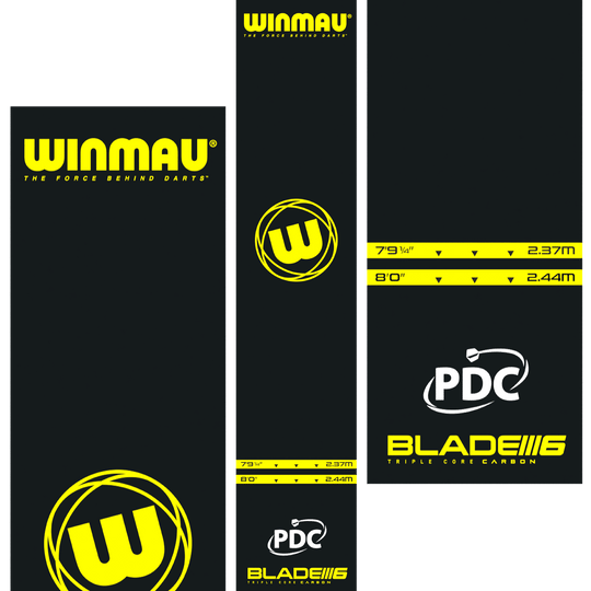 Tappetino per freccette in PVC Winmau Pro-Zone Essential Das Bild zeigt die Winmau Pro-Zone Essential PVC Dartmatte mit auffälligen gelben Logos und Markierungen. Die Matte zeigt Abwurflinien in den Längen 2,37 m und 2,44 m sowie die Logos von Winmau, PDC und Blade 6.