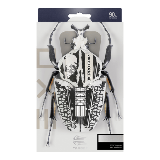 Freccette morbide Target EXO 10 Die Verpackung zeigt die Target EXO 10 Softdarts, bei denen ein Dartpfeil kreativ als Teil eines Käfers dargestellt ist. Oben steht, dass die Darts aus 90 % Tungsten bestehen.