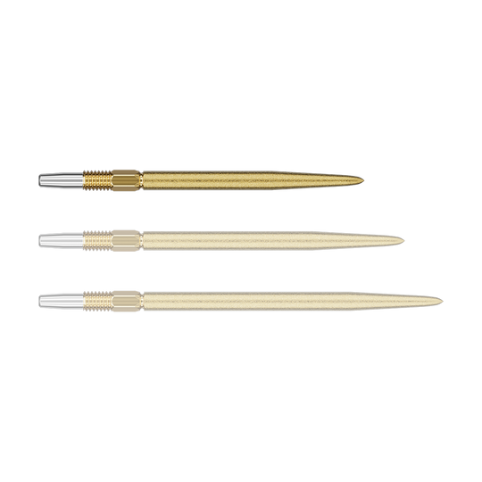 Das Bild zeigt drei goldene Dartspitzen mit silbernem Gewinde. Die Dartspitzen sind in unterschiedlichen Perspektiven angeordnet.