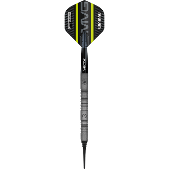 2448_Winmau_Michael_Van_Gerwen_Exact_Softdarts_14E5EDViBMbMgh Das Bild zeigt einen Winmau Michael Van Gerwen Exact Softdart. Der Dart ist schwarz und grau mit gelben Akzenten und der Aufschrift "MVG" auf dem Flight.