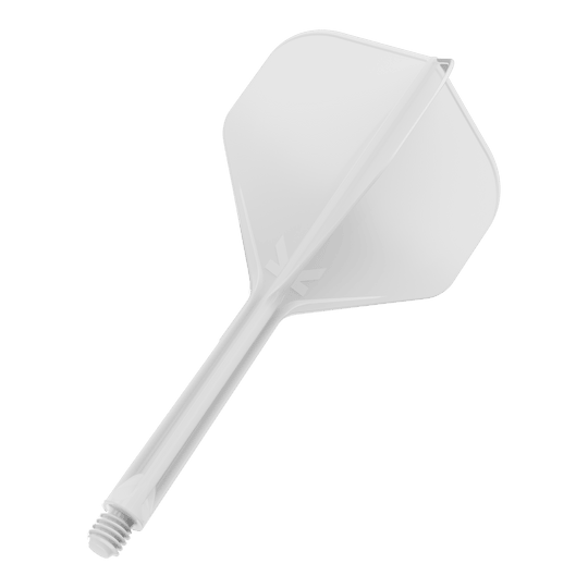 Target K-Flex No2 Standard Flight-System - Weiss Das Bild zeigt einen weißen Dartflügel mit integriertem Schaft. Der Schaft hat ein Schraubgewinde am Ende zur Befestigung am Dartpfeil.