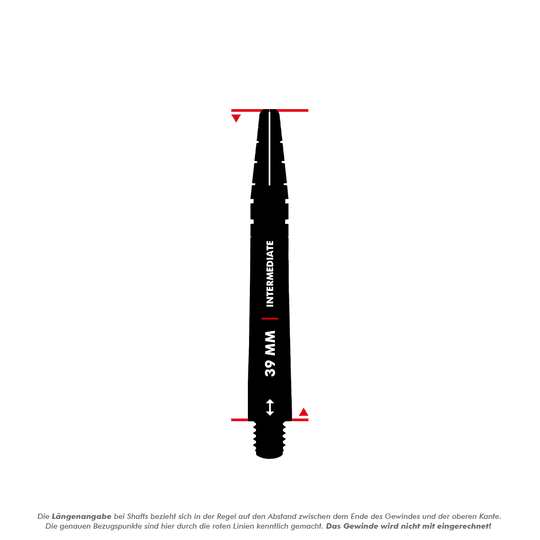 C818_Red_Dragon_Nitrotech_Gerwyn_Price_Shafts_Schwarz_5_39mm Dies ist ein Produktbild des "Red Dragon Nitrotech Gerwyn Price Shafts Schwarz" mit einer Länge von 39 mm. Die Abbildung zeigt die schwarze Dart-Schafte mit einer Markierung für die Länge.