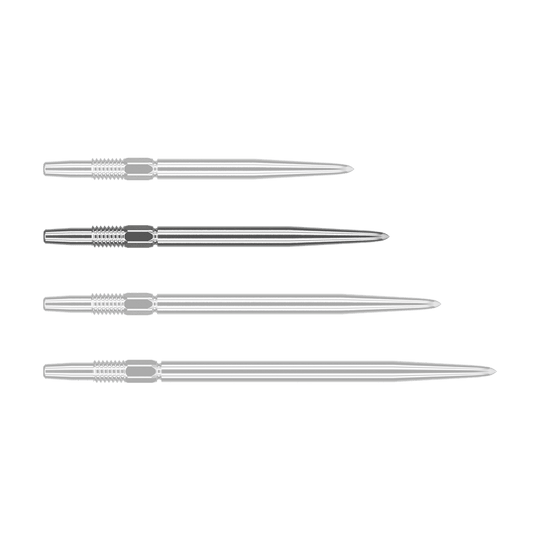 Puntas de dardos Target Swiss Point Silver Das Bild zeigt vier silberne Dartspitzen, die nebeneinander liegen. Sie sind lang, schmal und haben ein geriffeltes Stück am oberen Ende.