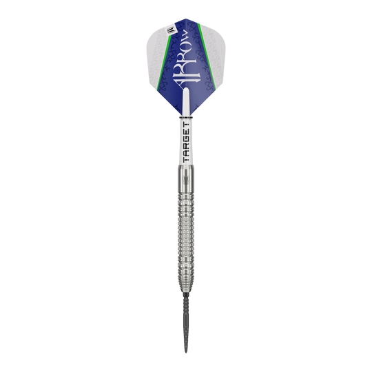 Dardos de acero Target Shane McGuirk GEN1 Swiss Point - 23 g Auf dem Bild ist der Target Shane McGuirk GEN1 Swiss Point Steeldart mit 23g zu sehen. Der Dartpfeil hat ein silbernes Griffstück und eine blau-weiße Flight mit grünem Akzent.