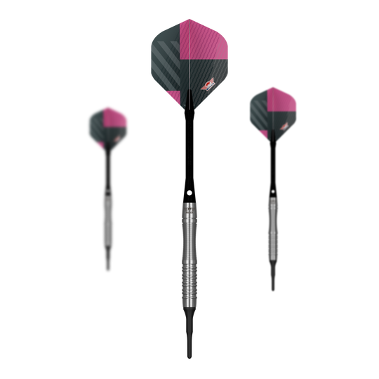 Šipky Bulls NL Volt Pink Soft - 19g Zu sehen ist ein Set Bulls NL Volt Pink Softdarts - 19g. Mehrere Pfeile sind enthalten.
