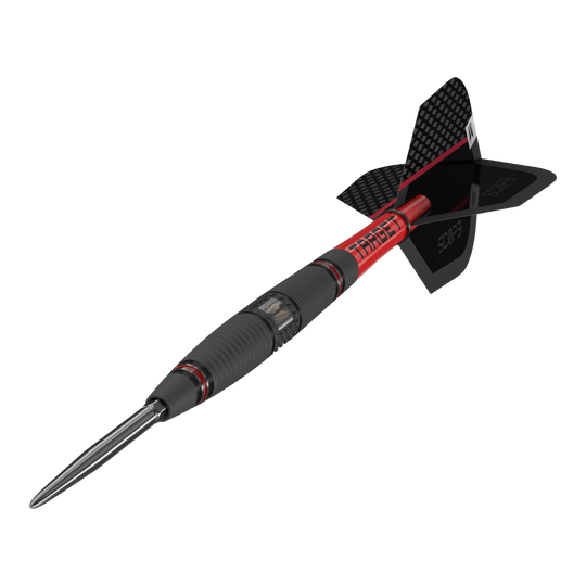 Dardos de acero Target Scope 04 Swiss Point Das Bild zeigt den Target Scope 04 Swiss Point Steeldart. Der Dart hat ein schwarz-rotes Design mit geriffeltem Griff und einer metallischen Spitze.
