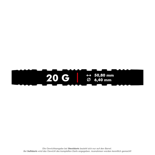 Winmau Danny Noppert 85 Pro-Series soft darts - 20g Das Bild zeigt die Maße und das Gewicht des Winmau Danny Noppert 85 Pro-Series Softdarts mit 20 Gramm. Der Dart ist 50,80 mm lang und hat einen Durchmesser von 6,40 mm.