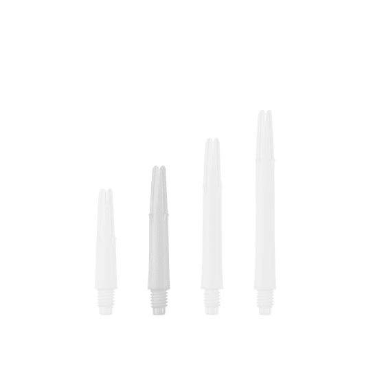 L-Style L-Shafts Locked Straight - White 190 Auf dem Bild sind vier weiße, gerade Dartschäfte in unterschiedlichen Längen zu sehen. Sie stehen nebeneinander aufrecht auf einem grünen Hintergrund.