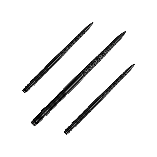 Ein Set schwarzer Dartspitzen ist zu sehen. Die Dartspitzen sind Mission R25 Rapid Point DSX mit einer Länge von 40mm.