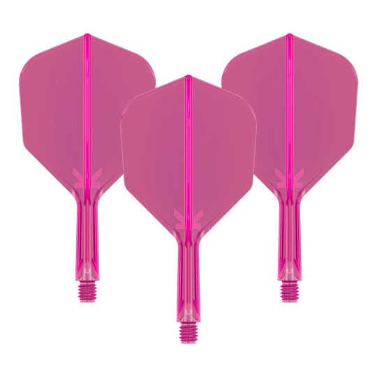 Letový systém Target K-Flex No6 - neonově růžový Das Bild zeigt drei neonpinke Dart-Flights mit angesetzten Schäften. Sie sind nebeneinander angeordnet und haben ein transparentes Design.