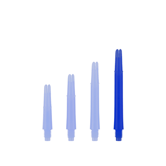 Arbres en L verrouillés droits - Bleus Auf dem Bild sind vier blaue gerade Dartschäfte in unterschiedlichen Längen zu sehen. Sie stehen nebeneinander aufrecht und haben ein Schraubgewinde am unteren Ende.