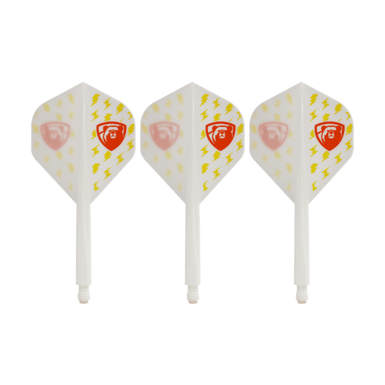 Condor AXE Thunderbolt White Flight-System - Standard Das Bild zeigt drei weiße Dartflights des Condor AXE Thunderbolt White Flight-Systems in Standardform. Die Flights sind mit gelben Blitzen und einem roten Schild-Logo verziert.