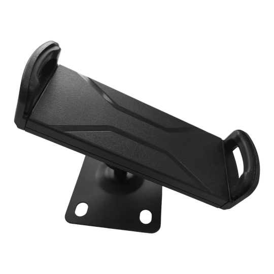 McDart TABSteady Tablet Wandhalterung Das Bild zeigt die McDart TABSteady Tablet Wandhalterung. Die Halterung ist schwarz und hat zwei seitliche Haltearme für ein Tablet.