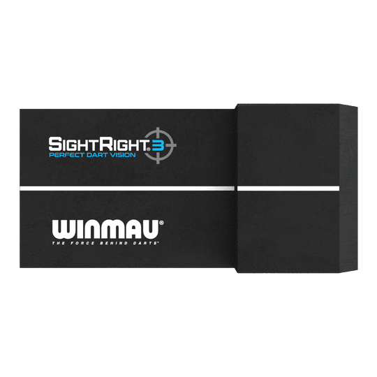Winmau SightRight 3 - Compact Das Bild zeigt das Produkt "Winmau SightRight 3 - Compact" zur Perfektionierung des Dart-Zielens. Es ist schwarz mit einem weißen Streifen und dem Winmau-Logo darauf.