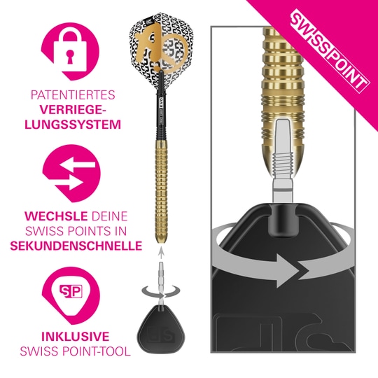 Hier ist das Produkt Target Bolide Envy 04 Swiss Point Steeldarts abgebildet. Die Steeldarts eignen sich für Turniere und Freizeitspieler.