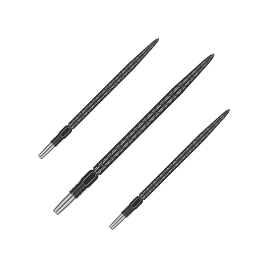 Pointes de fléchettes Target Swiss Diamond Pro Black Points Das Bild zeigt drei schwarze Dartspitzen mit einem rautenförmigen Muster. Sie sind lang und haben ein silbernes Schraubgewinde am Ende.