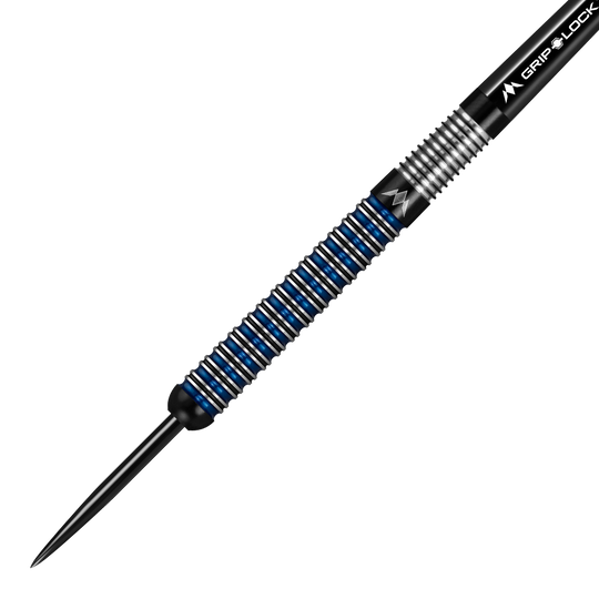Mission Nightfall Model 1 Steeldarts Das Bild zeigt einen Mission Nightfall Model 1 Steeldart. Der Dart hat ein modernes Design mit silbernen und blauen Ringen am Barrel.