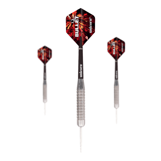 Dardos de acero Unicorn Bullet Gary Anderson - 22 g Das Bild zeigt drei Steeldarts des Modells "Unicorn Bullet Gary Anderson - 22g". Die Darts haben silberne Spitzen, geriffelte Griffe und rot-schwarze Flights mit der Aufschrift "BULLET".